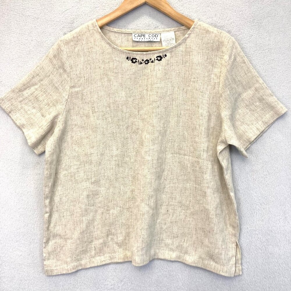 Vintage Cape Cod Sportswear Linen Blend Blouse Large Petite Beige Boxy‎ Neutral